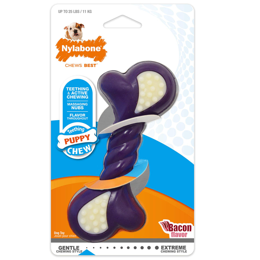 Double Action Bone Puppy Chew Toy, Rubber Teething Toys for Puppies, Bacon Flavor, Small - Up to 25 lbs, 1 Count