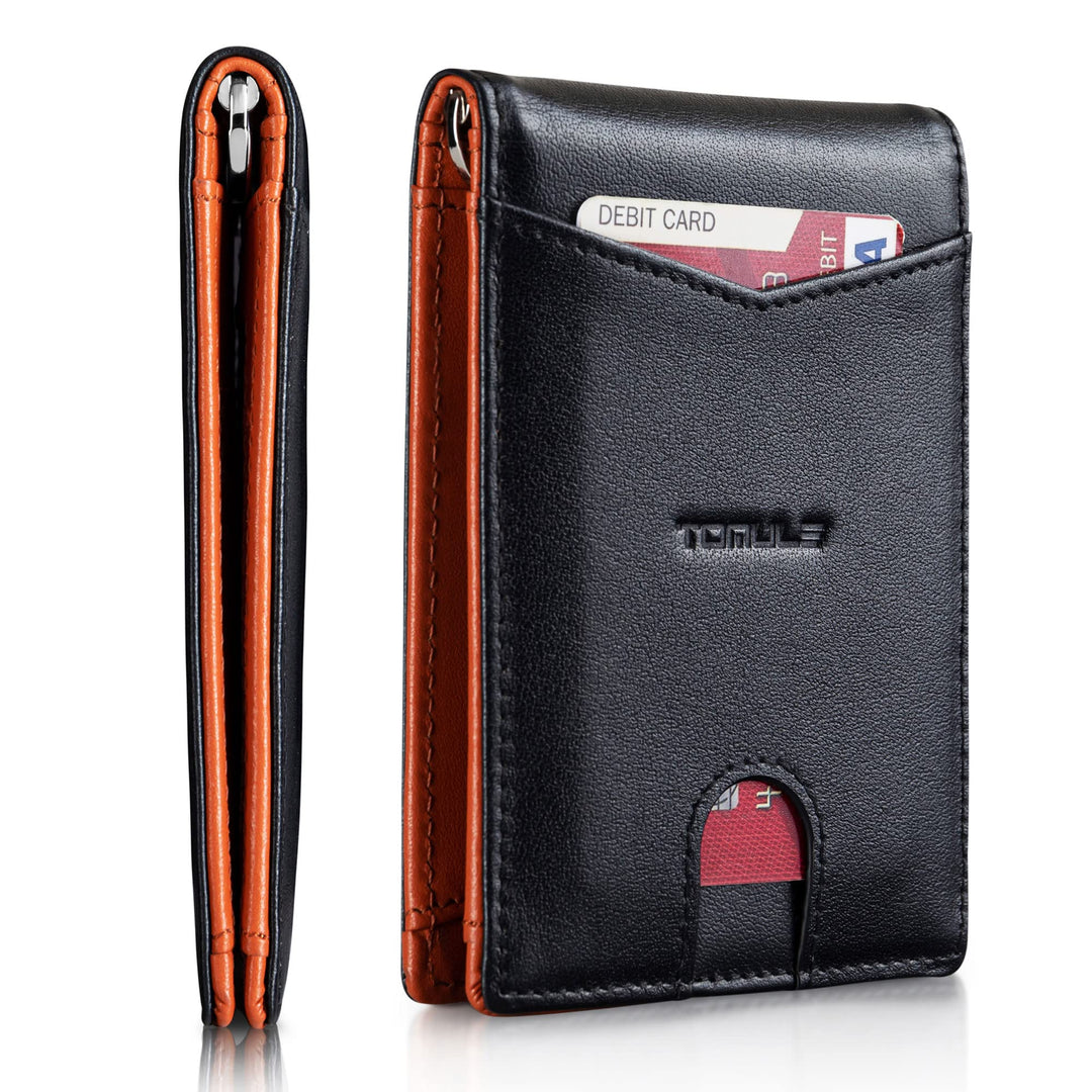Mens Leather Wallets Slim Minimalist Wallet Bifold Front Pocket Wallet with Money Clip Wallet RFID Blocking Card Wallet for Men Thin Small Wallet with Coin Pocket ID Window (Black&amp;Orange)