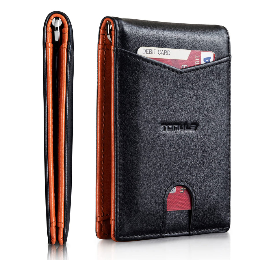 Mens Leather Wallets Slim Minimalist Wallet Bifold Front Pocket Wallet with Money Clip Wallet RFID Blocking Card Wallet for Men Thin Small Wallet with Coin Pocket ID Window (Black&Orange)