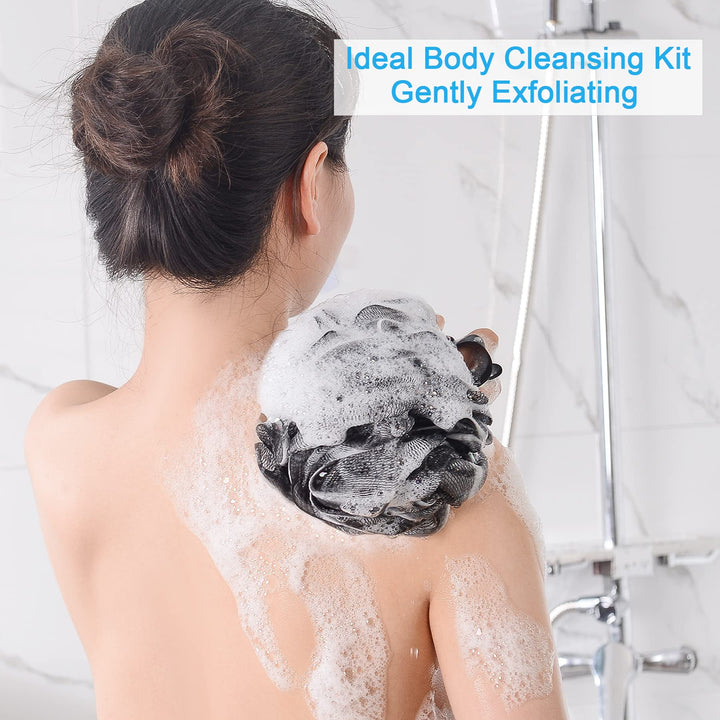 Shower Bath Sponge Shower Loofahs Balls 60g/PCS for Body Wash Bathroom Men and Women- Set of 4, Black