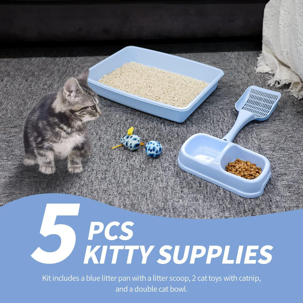 Kitty Litter Box Set Includes 4-Pieces - Shallow Cat Litter Pan, Cat Litter Scooper, Cat Bowls, Cat Mouse Toy, 14.5x10.5 Inches, Blue