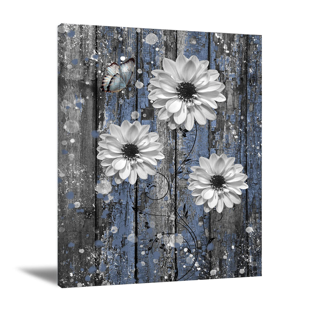 Rustic Farmhouse Dahlia Wall Art Bathroom Wall Decor Blue Dahlia Picture Rustic Blue Flowers Butterfly Canvas Print Painting Dahlia Wood Board Artwork for Bedroom Living Room Unframed