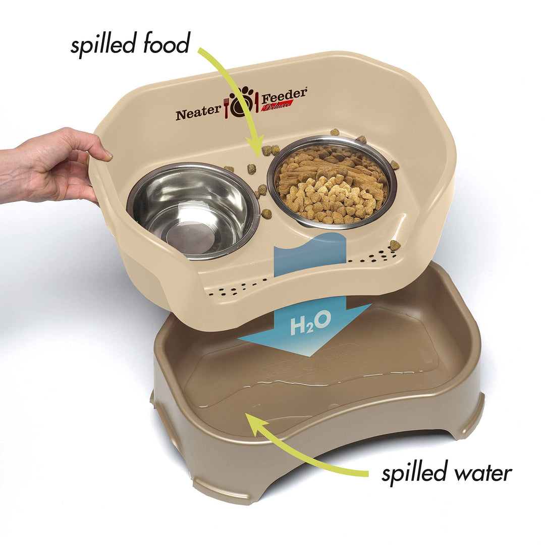 Neater Feeder Deluxe Mess Proof Dog Bowls Elevated Medium Sized Dog Breed – Made in USA – No Spill Raised Dog Food Bowl Stand – Stainless Steel Food and Water Bowl Set, Pet Feeding Station, Cappuccino