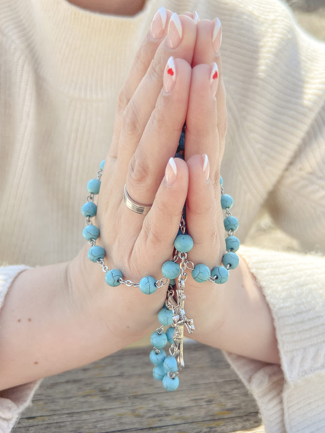 Sky Blue Marble Stone Beads Rosary Turquoise Beaded Necklace Catholic Miraculous Medal &amp; Jesus Cross