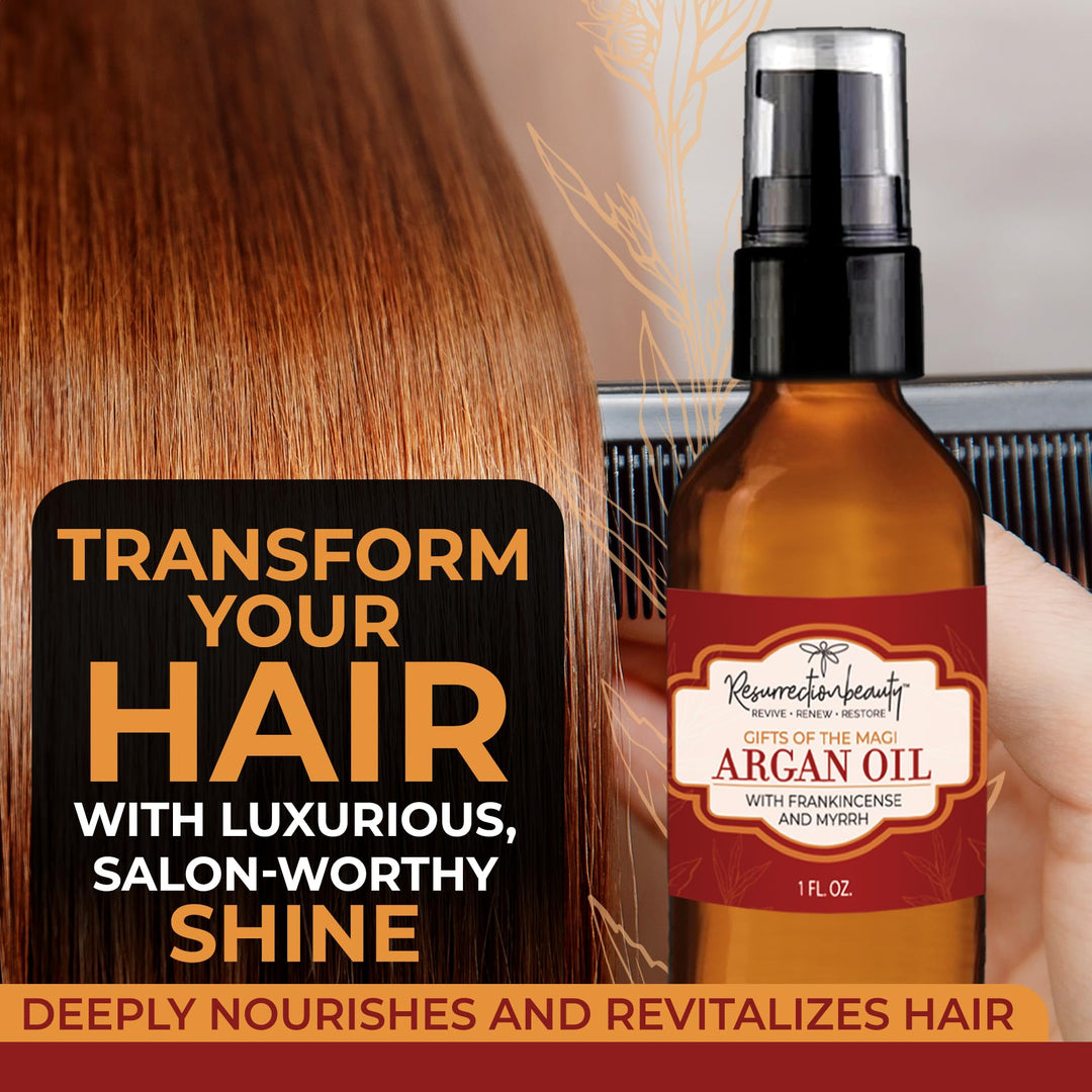 Frankincense and Myrrh Argan Oil For Skin, Hair, Nails and Scars, Pure Organic Liquid Gold Virgin Moroccan Argan Oil Enhanced with Pure Therapeutic Grade Essential Oils of Boswellia Carteri and Commiphora Myrrha, Gifts Of The Magi Moisturizing and An