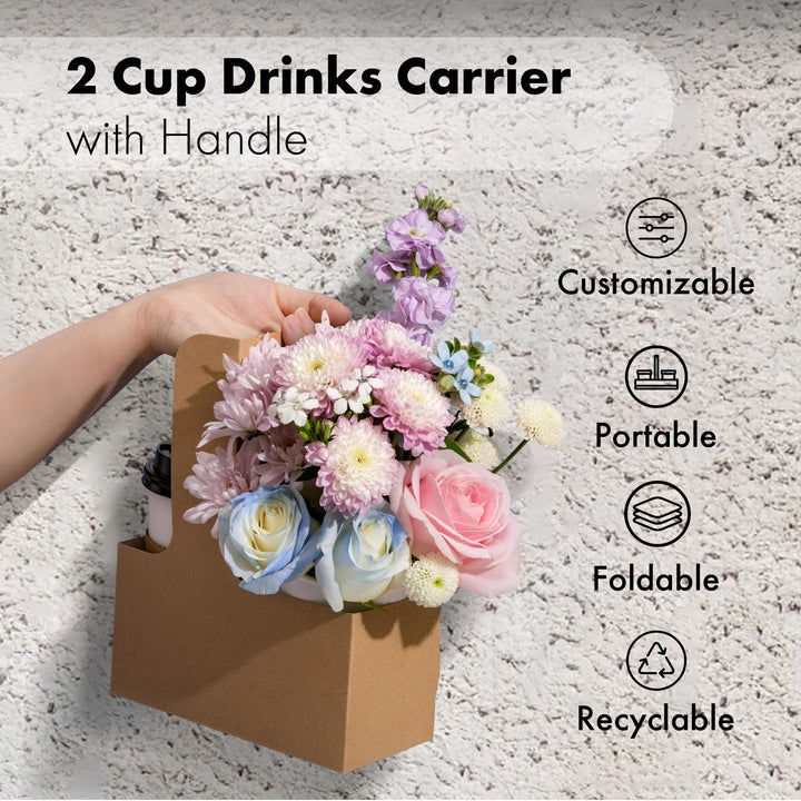 2 Cup Drink Carrier with Handle for Delivery, 25 Pack Portable Foldable Drink Carrier Caddy for 12-30 oz Cold Hot Drinks, to Go Cups Holder for Take Out, Uber Eats, Doordash, Grubhub