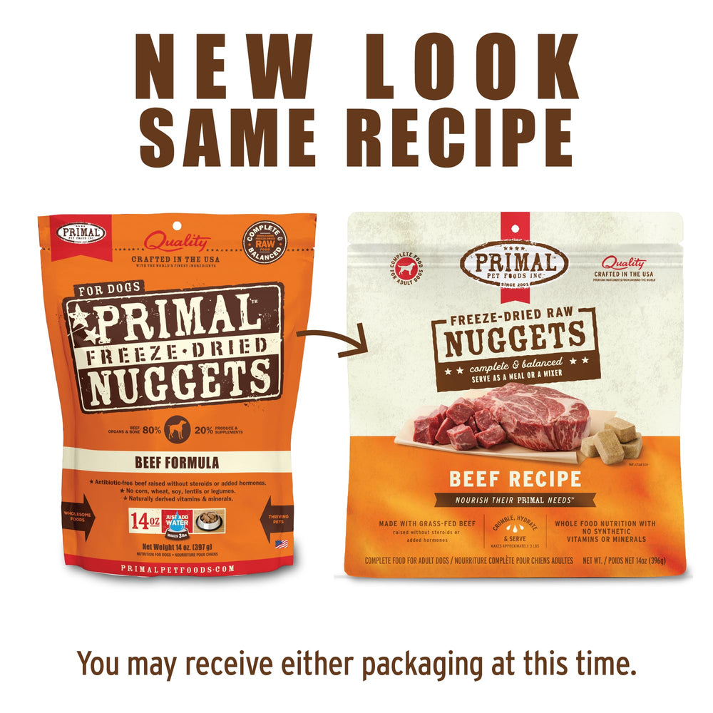 Primal Freeze Dried Raw Dog Food Nuggets, Beef, Complete & Balanced Meal, Also Use as Topper or Treat, Premium, Healthy, Grain Free, High Protein Raw Dog Food, 14 oz