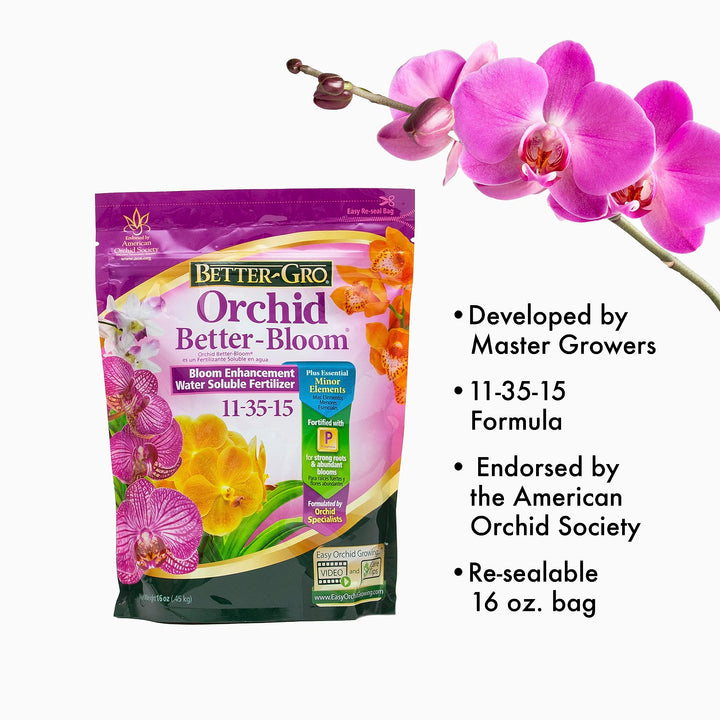 Orchid Better-Bloom 11-35-15 - Urea-Free Bloom Fertilizer for Orchids, High-Content Phosphorus for Vibrant Blooms, Water Soluble, Ideal for Indoor House Plants - 16 oz Resealable Bag