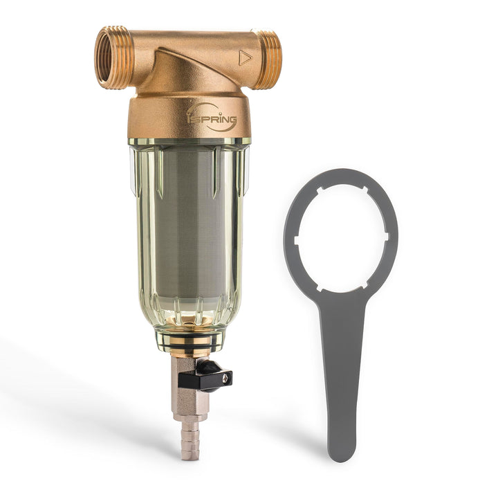 WSP-100 Reusable Whole House Spin Down Sediment Water Filter, 100 Micron Flushable Prefilter Filtration, 1 MNPT + 3/4 FNPT, Brass