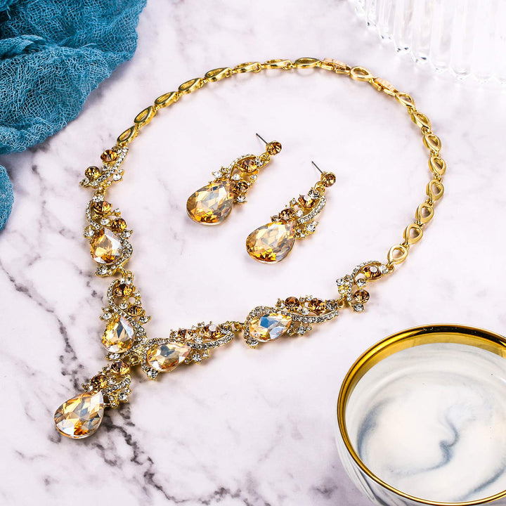 Wedding Bridal Necklace Earrings Jewelry Set for Women Multi Teardrop Cluster Crystal Statement Necklace Dangle Earrings Set Champagne Gold-Toned