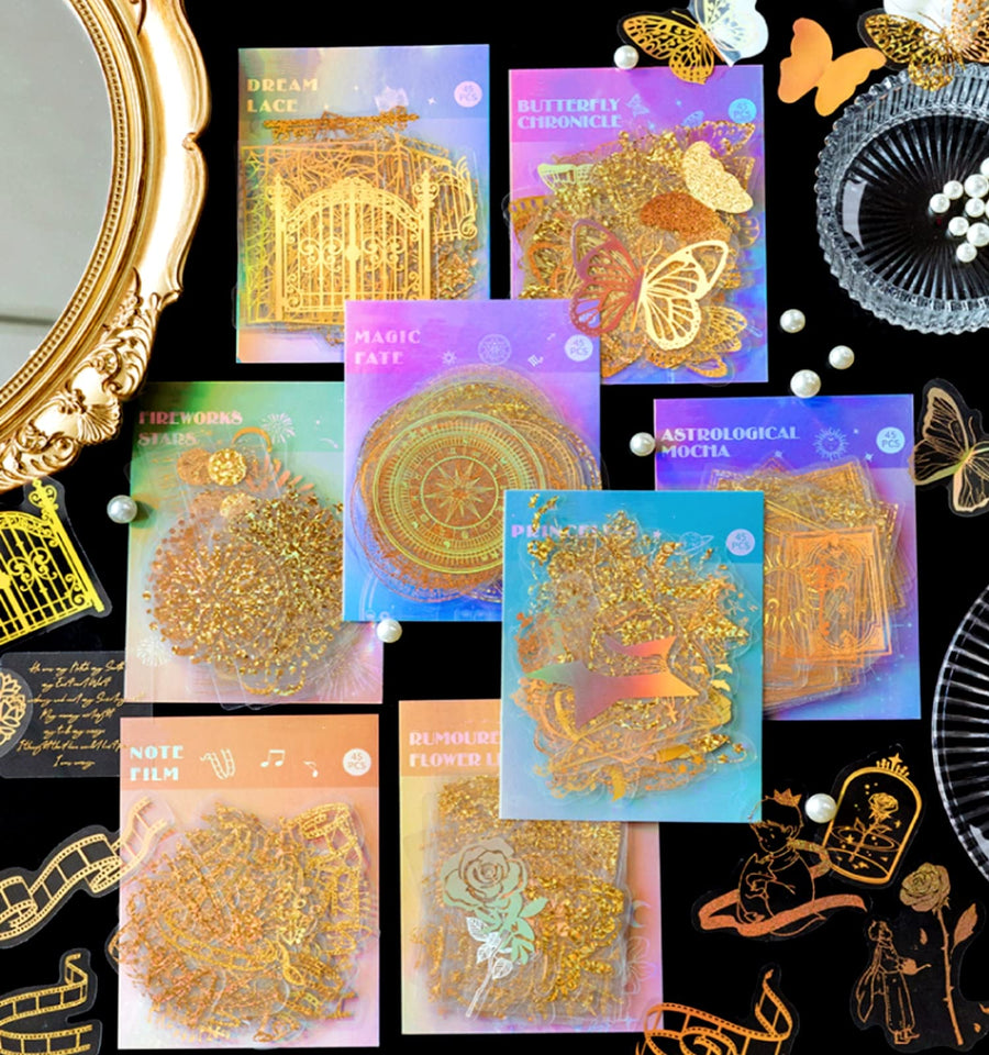 Gold foil Magic Holographic Stickers Set 180 PCS with 4 Themes, Resin Transparent Waterproof Butterfly Flower Vintage Planner Stickers for Scrapbook Junk Bullet Journals Water Bottles Decor