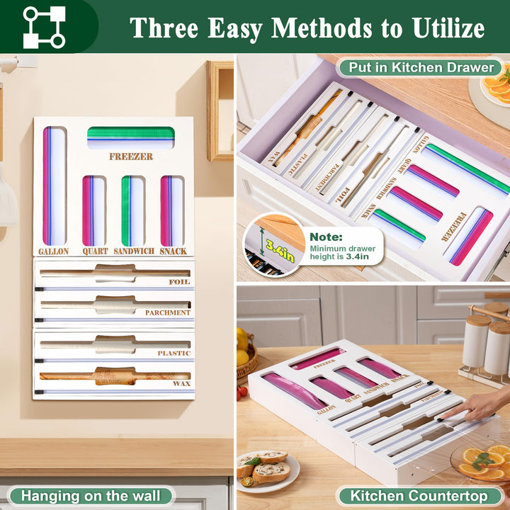 Storage Bag Organizer and Wrap Dispenser with Cutter, 9 in 1 Bamboo Foil and Plastic Wrap Organizer for Kitchen Drawer, Plastic Bag Organizer for Gallon, Quart, Sandwich (White, Large)