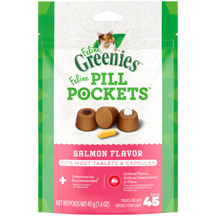 FELINE GREENIES PILL POCKETS Cat Treats, Salmon, 45 Treats, 1.6 oz. With Natural Ingredients Plus Vitamins, Minerals, And Other Nutrients