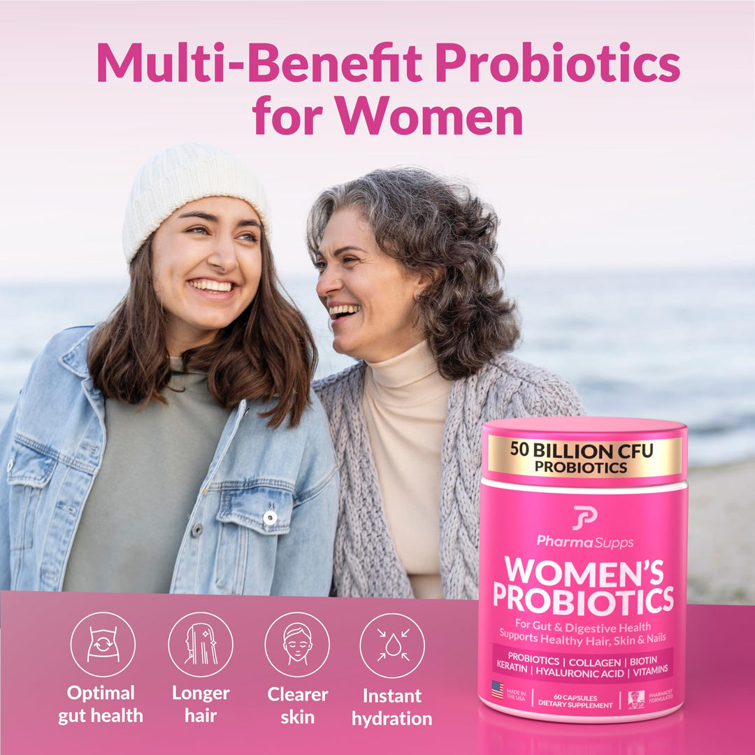 Advanced Women&#39;s Probiotics for Gut Health with Hair, Skin, &amp; Nails Vitamins Support - 50 Billion CFU w/Collagen, Biotin &amp; Keratin - Probiotic Supplement for Digestive Health &amp; Bloating Relief.