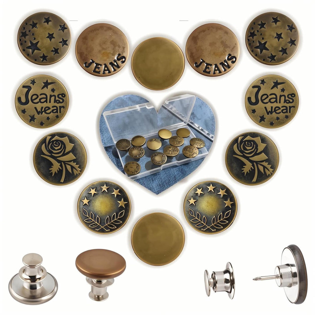 FlyingLeaves 12PCS Metal Jeans Button Replacement Kit - Easy Install Snap Buttons for Denim, Adjustable Waist, No Sew Tool-Free Fasteners, Durable &amp; Removable Jean Button Pins for Pants, Jackets