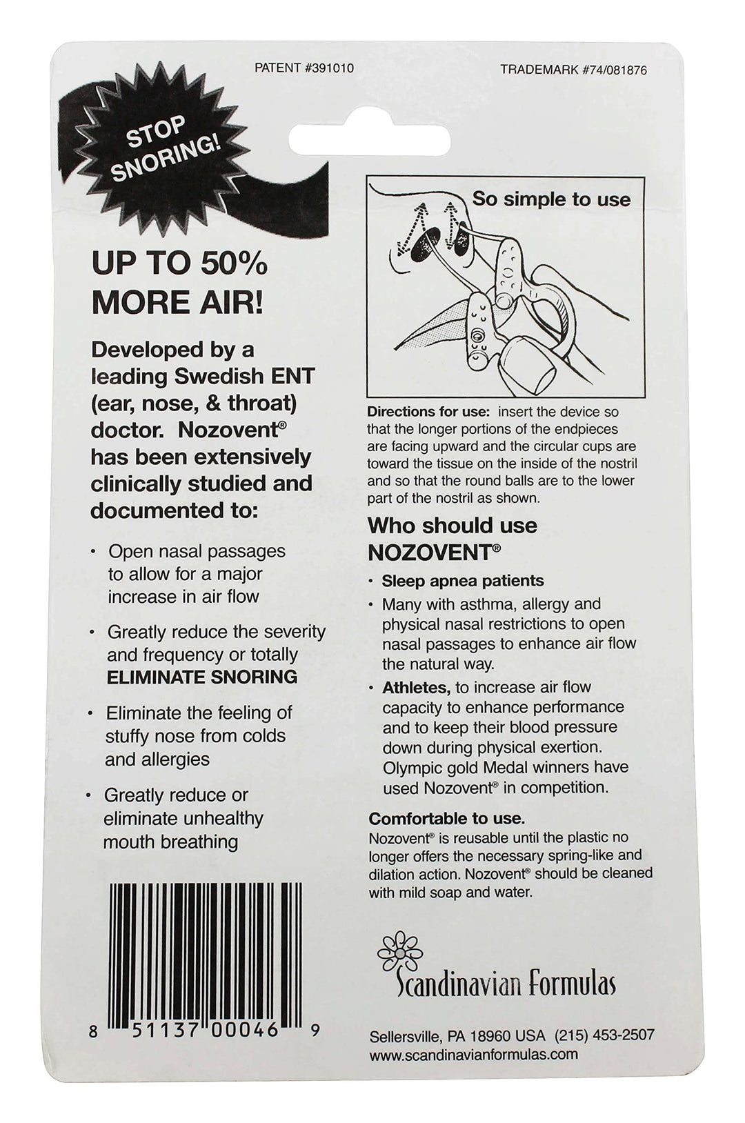 Scandinavian Formulas Nozovent Anti-Snoring Device, 2 C