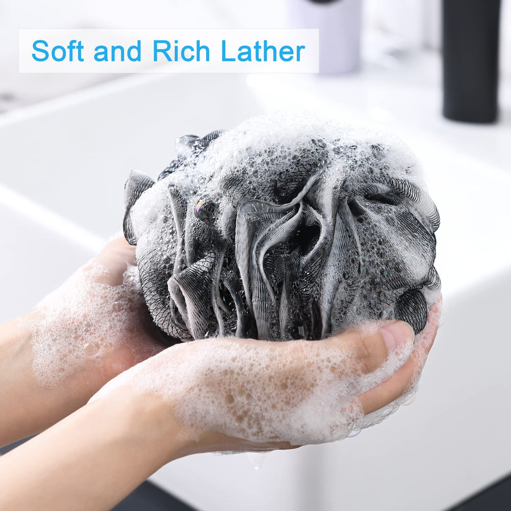 Shower Bath Sponge Shower Loofahs Balls 60g/PCS for Body Wash Bathroom Men and Women- Set of 4, Black