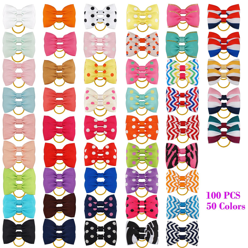 100PCS Cute Pet Grooming Accessories - Colored Polka Dot Hair Bows with Rubber Bands for Small Dogs and Puppies like Yorkies - 50 Pairs