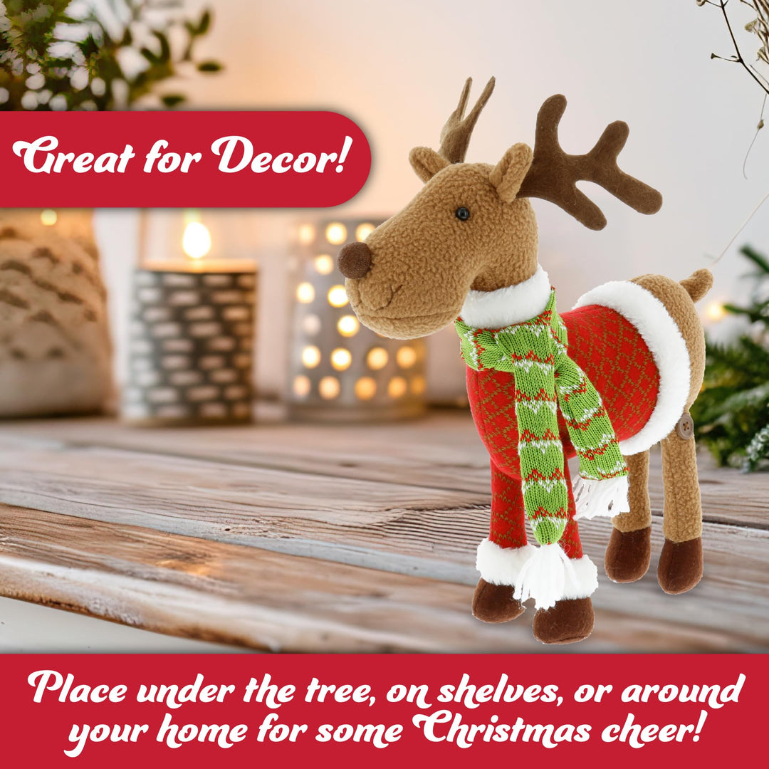 Reindeer Plush 12 Christmas Pet Stuffed Doll - Cute Pet Deer Rudolph Toy with Coat and Scarf, Animal Decorations, Great Gifts for Kids, Holiday Party Exchange or Soft Festive Fall Winter House Decor