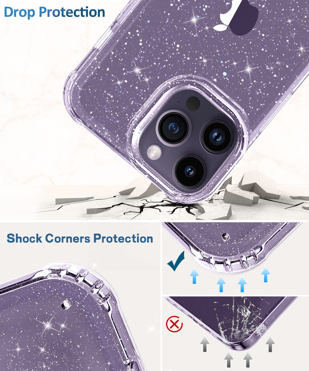 for iPhone 14 Pro Max Case with Screen Protector + Camera Lens Protector, [Non-Yellowing] Clear Glitter Phone Case, Shockproof Protective Women Cute Bumper Cover for 6.7 Inch - Sparkle Clear