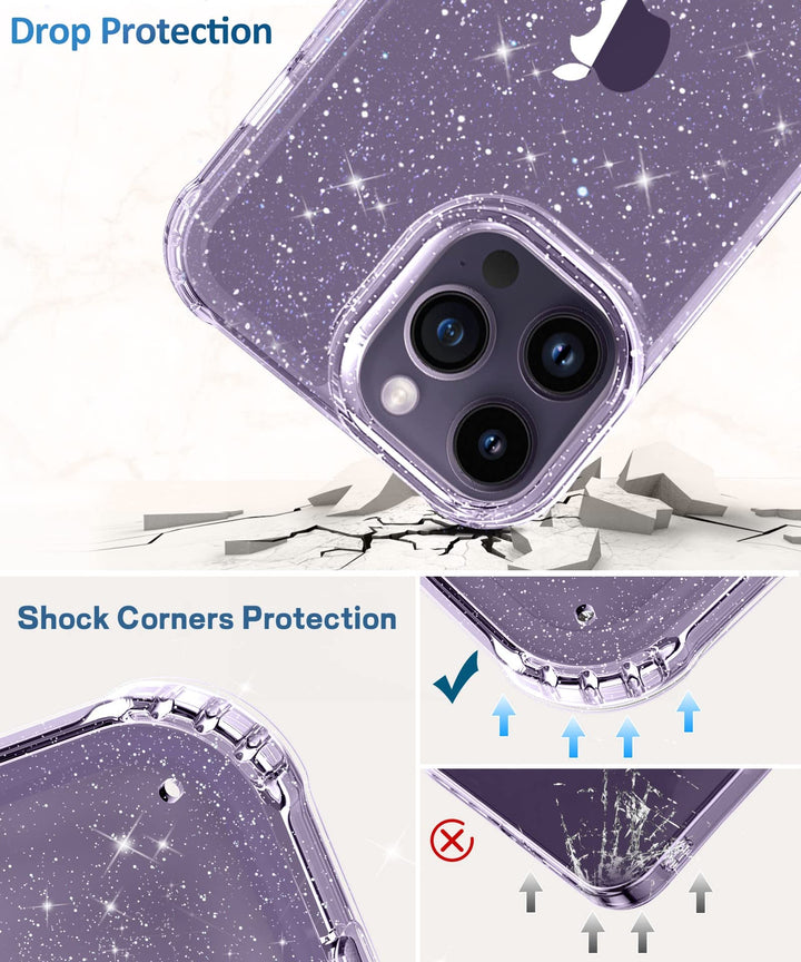for iPhone 14 Pro Max Case with Screen Protector + Camera Lens Protector, [Non-Yellowing] Clear Glitter Phone Case, Shockproof Protective Women Cute Bumper Cover for 6.7 Inch - Sparkle Clear