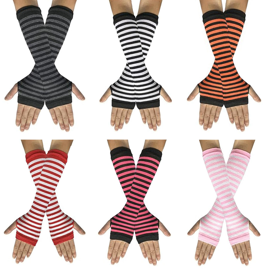 6 Packs Striped Winter Arm Warmers, Knitted Long Fingerless Gloves For Punk Rock/Cosplay/Goth/Christmas Party WM-S-G2 (6 Pairs Gray, Black, Orange,Pink,Rose,Red - Striped)