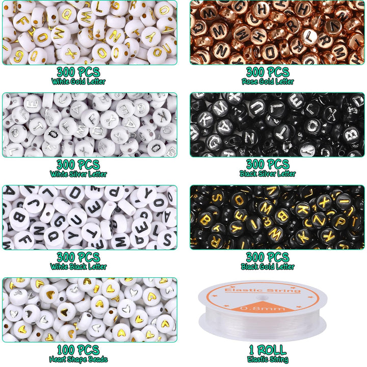 1900Pcs 7 Colors Round Letter Beads 4×7mm Acrylic Alphabet Beads with 1 Roll Elastic String for Bracelet Necklace Jewelry Making Supplies