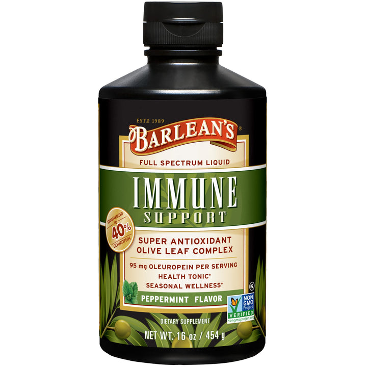 Barlean&#39;s Peppermint Olive Leaf Complex Liquid Immune Support Supplement with 95mg Oleuropein Antioxidants, 16 Ounce