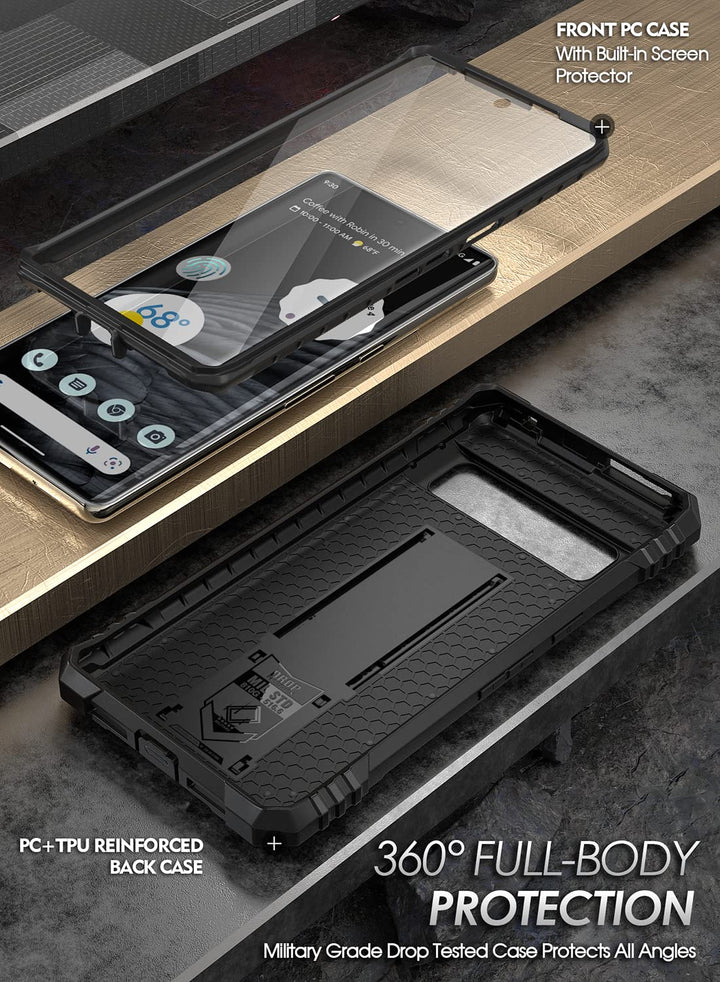 Revolution Case Compatible with Pixel 7 Pro 5G, Full Body Rugged Shockproof Protective Cover Case with Kickstand, Built-in Screen Protector Work with Fingerprint ID, Black