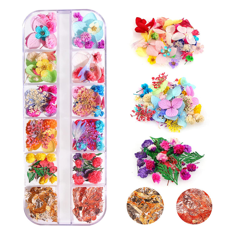 108PCS Dried Flowers for Nail Art - 33 Color Lovely Natural Flower Nail Art, 2 Color Foil Nail Art, Nail Art Accessories Kits, Dried Flowers for Resin Molds, (Dried Flowers + Foil)