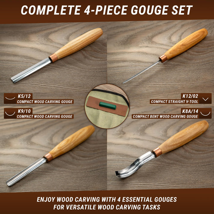 Wood Carving Chisel Set SC01 - Gouge Wood Carving Tools Kit in Rolling Pouch with Leather Strop Polishing Compound Kit - Radial Gouges Flat Chisel Bent Gouge (Chisel Set)
