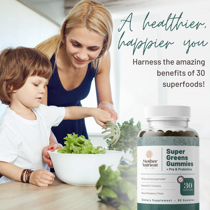 Super Greens Gummies for Women, Adults - with Prebiotics &amp; Probiotics, Not 8, but 30 Powerful Greens Superfoods - Multivitamin Veggie Chewables (90 Gummies)