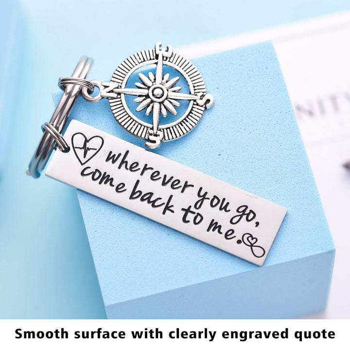 Wherever You Go Come Back to Me Keychain Long Distance Relationship Graduation College Moving Deploying Stainless Steel Gift for Boyfriend Men Love