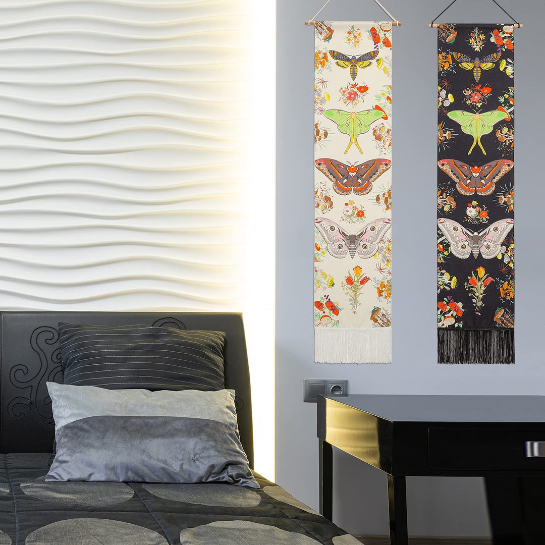 Butterfly and Plant Long Vertical Tapestry - 2 Pcs Small Wall Hanging Flower Tapestry for Bedroom Living Room Aesthetic Decor(Black and Beige,13.8 x 55.1)