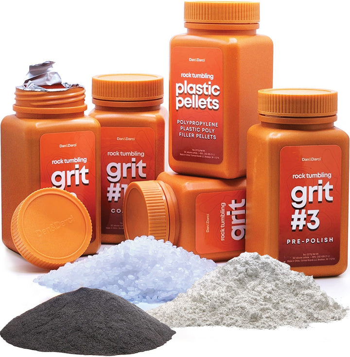 Dan&amp;Darci Rock Tumbler Grit Refill Kit - 3.5 Pounds Grits Media + Poly Plastic Pellets - Rocks Polishing Refills for Any Brand Rock Tumblers - Rock Polish Tumbling Supplies Set - Stone Polisher