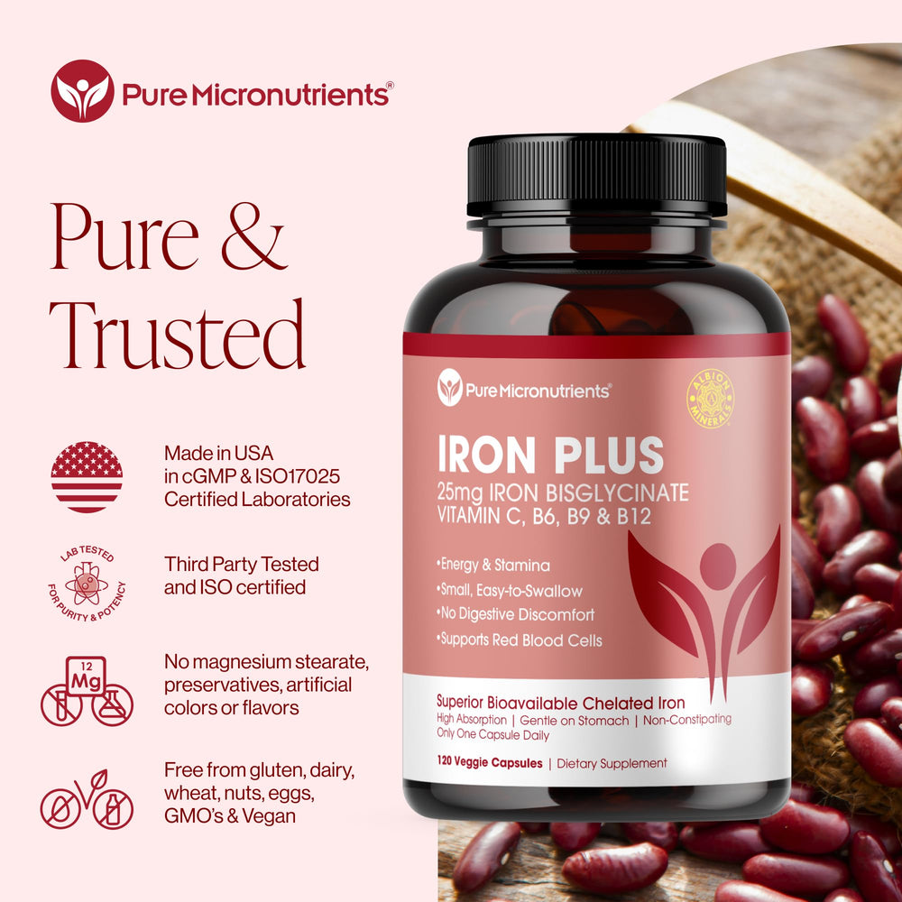 Iron Supplement for Women & Men, Natural Ferrous Chelate, Bisglycinate 25mg + Vitamin C, B6, B12, Folic Acid - IronPills for Iron Deficiency & Energy Support - 120 Count