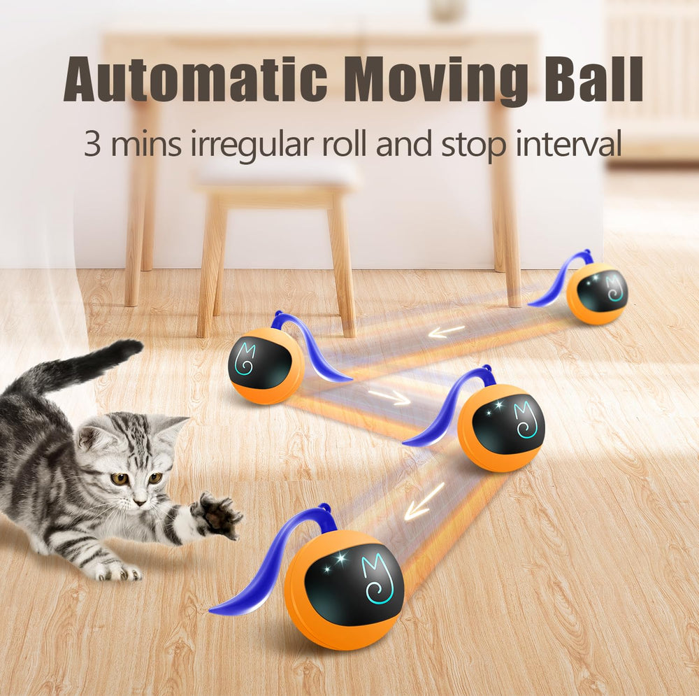 Interactive Cat Ball Toy Set, Fun Tracker, Automatic Rolling Chase Ball with Fluffy Tail, A Small Mice, Rechargeable(Orange)