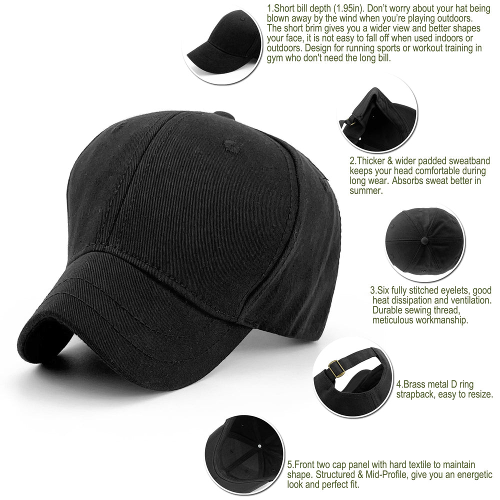 mens Structured Short Bill Plain Brim Trucker Baseball Dad Cap, Black, X-Large