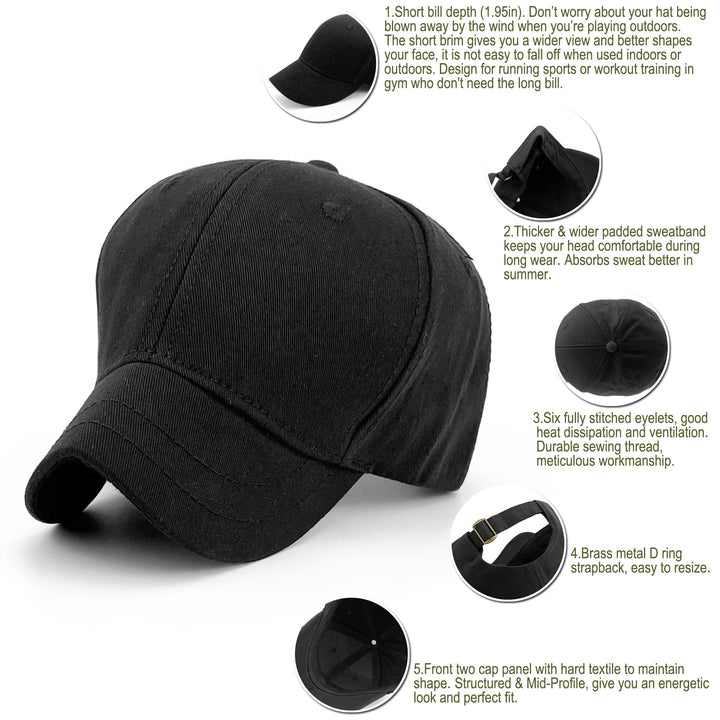 mens Structured Short Bill Plain Brim Trucker Baseball Dad Cap, Black, X-Large