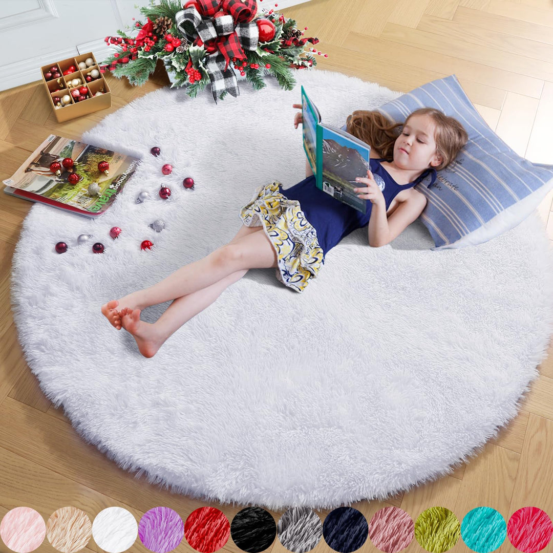 White Round Rug for Bedroom,Fluffy Circle Rug 4&#39;X4&#39; for Kids Room,Furry Carpet for Teen&#39;s Room,Circular Rug for Nursery Room,Fuzzy Plush Rug for Dorm,White Carpet,Cute Room Decor for Baby