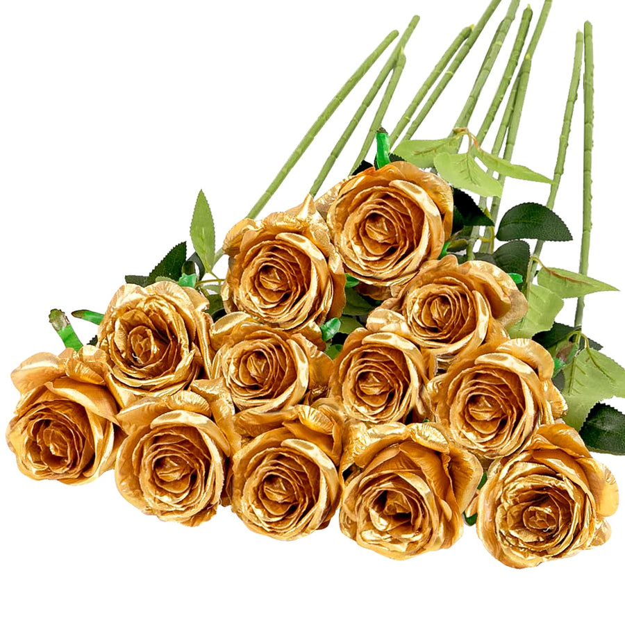 12PCS Artificial Silk Flowers Realistic Roses Bouquet Long Stem for Home Wedding Decoration Party (Gold-1)