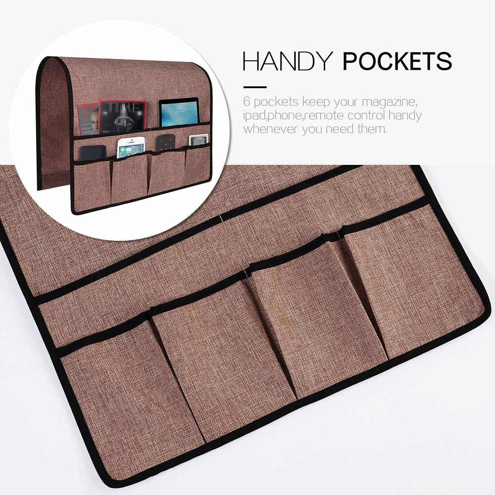 Non Slip Linen Side Sofa Armrest Organizer for Sofa Couch Recliner Remote Control Organizer Holder Armchair Sofa Caddy with 6 Pockets Storage for Magazine Book TV Remote Phone Glasses-Chocolate