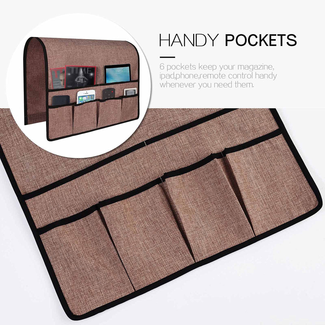 Non Slip Linen Side Sofa Armrest Organizer for Sofa Couch Recliner Remote Control Organizer Holder Armchair Sofa Caddy with 6 Pockets Storage for Magazine Book TV Remote Phone Glasses-Chocolate