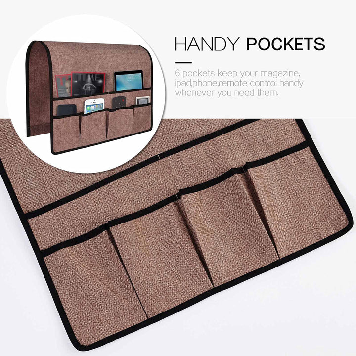 Non Slip Linen Side Sofa Armrest Organizer for Sofa Couch Recliner Remote Control Organizer Holder Armchair Sofa Caddy with 6 Pockets Storage for Magazine Book TV Remote Phone Glasses-Chocolate