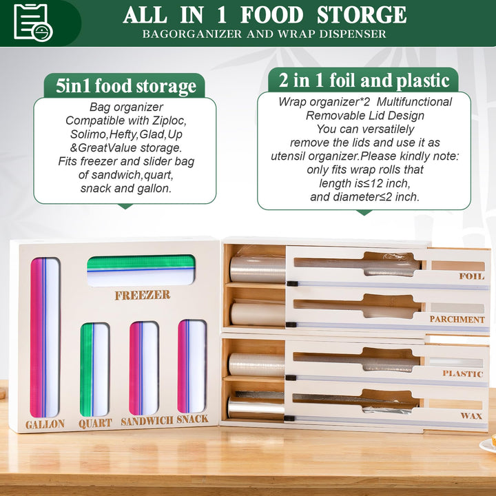 Storage Bag Organizer and Wrap Dispenser with Cutter, 9 in 1 Bamboo Foil and Plastic Wrap Organizer for Kitchen Drawer, Plastic Bag Organizer for Gallon, Quart, Sandwich (White, Large)