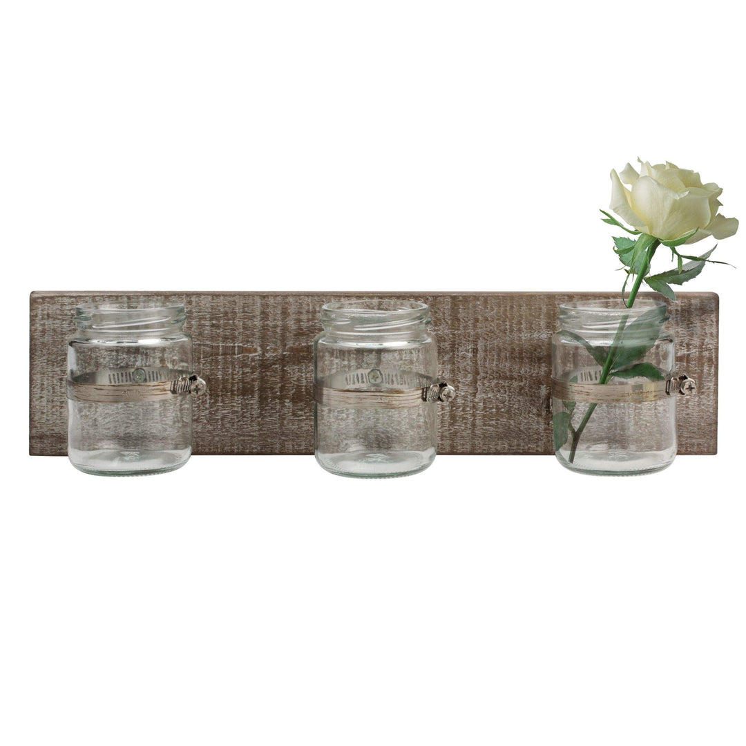 Rustic Industrial White Wash Wood Hanging Wall Decor with 3 Glass Jar Containers, Clear