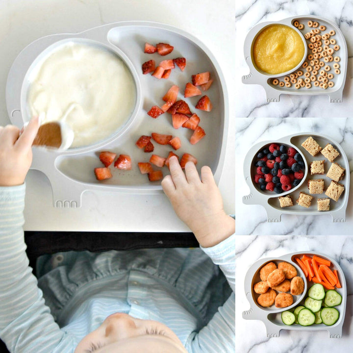 Sili Elephant Divided Toddler or Baby Suction Plate - 100% Silicone Plate, BPA-Free - Gray - Microwave, Dishwasher and Oven Safe