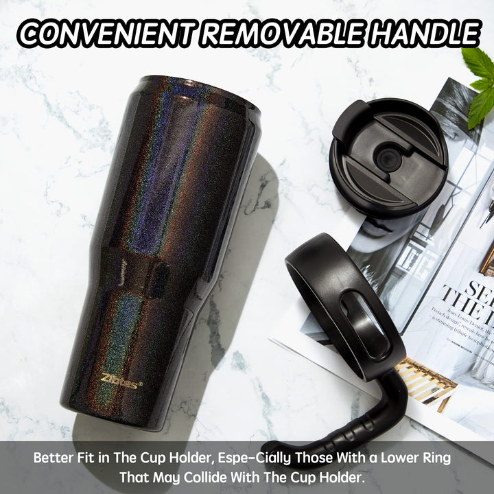 40oz Insulated Tumbler With Lid and Straws, Stainless Steel Double Vacuum Coffee Tumbler With Handle, Keeps Drinks Cold up to 34 Hours or Hot for 12 Hours(Glitter Black 1 pack)