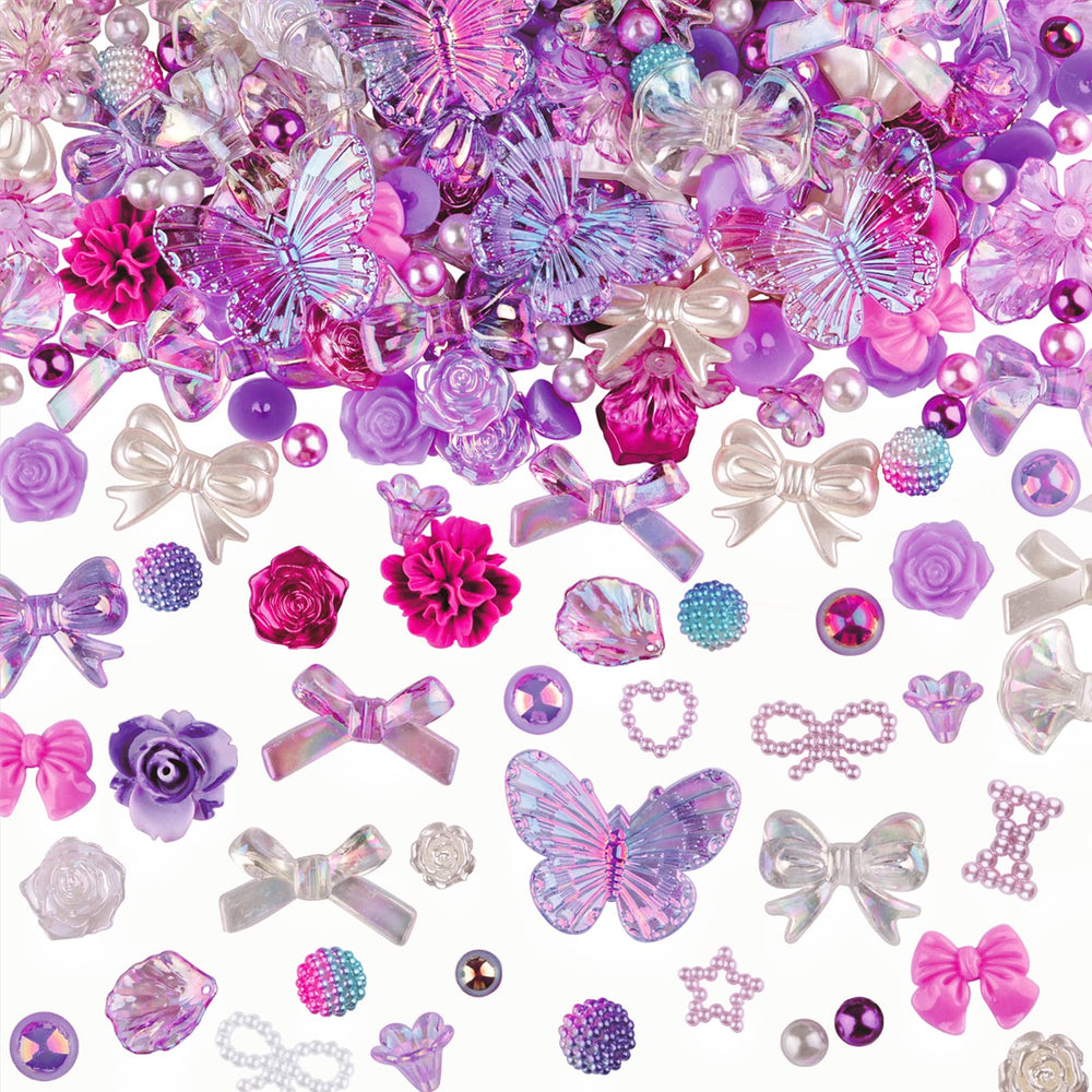 Kikonoke 350 Pieces 3D Resin ABS Colorful Rose Flower Bows Butterfly Charms with Flatback Half Round Pearl Beads for Bracelet Earring Necklace Craft DIY Making Supplies (Purple)