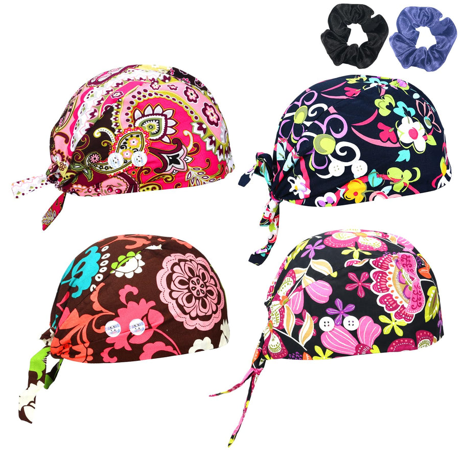 4Pcs Scrub Caps Tie Back Nurse Surgical Hats Men and Women Adjustable Doctor Working Cap with Buttons and Sweatband